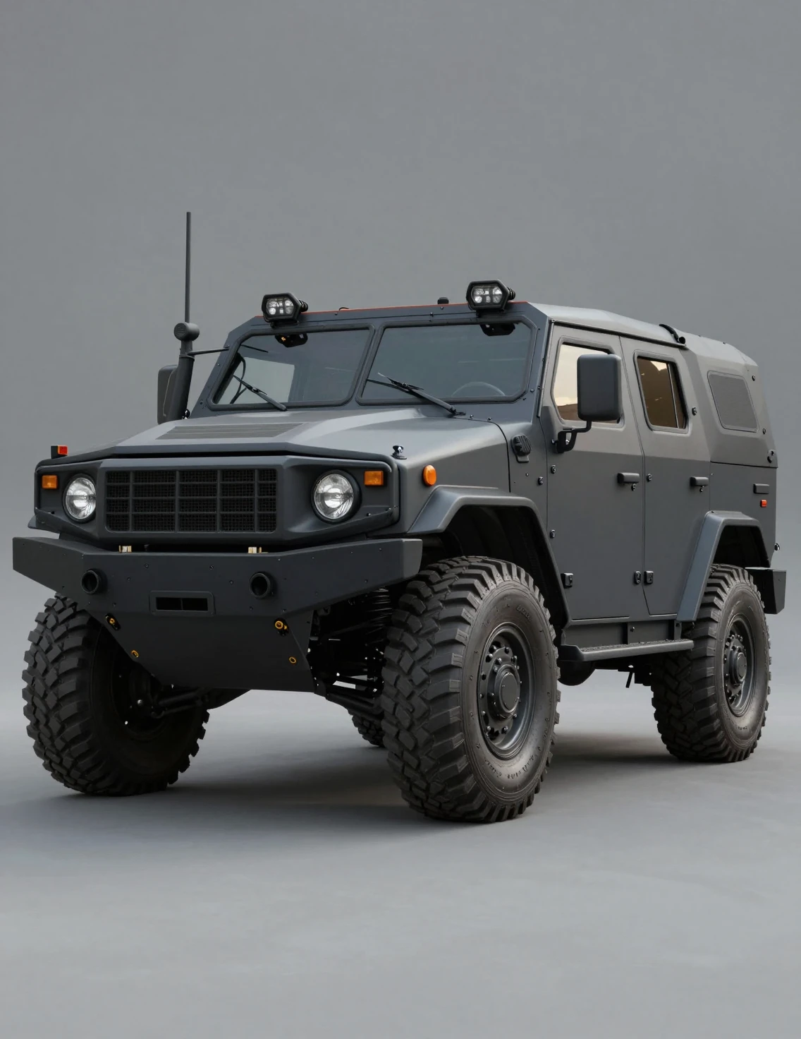 Heavy duty military vehicle on neutral gray studio background