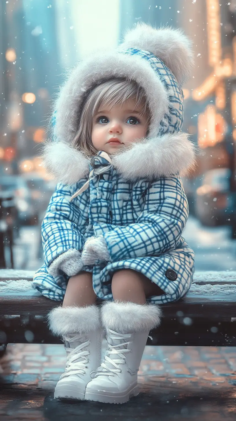 Adorable bébé fille en manteau d’hiver sur un banc en ville