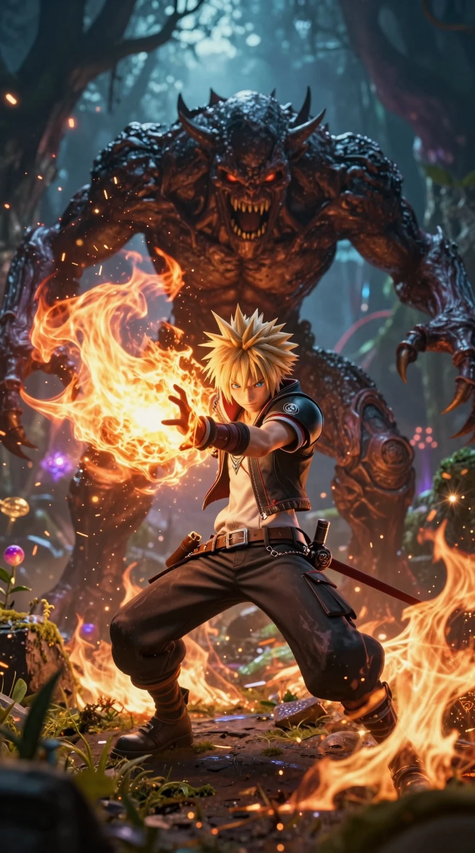 Mage unleashing fiery spell on mimic in forest battle