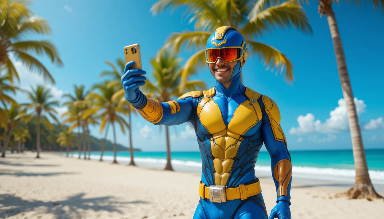Fröhlicher männlicher Superheld macht ein Selfie am tropischen Strand