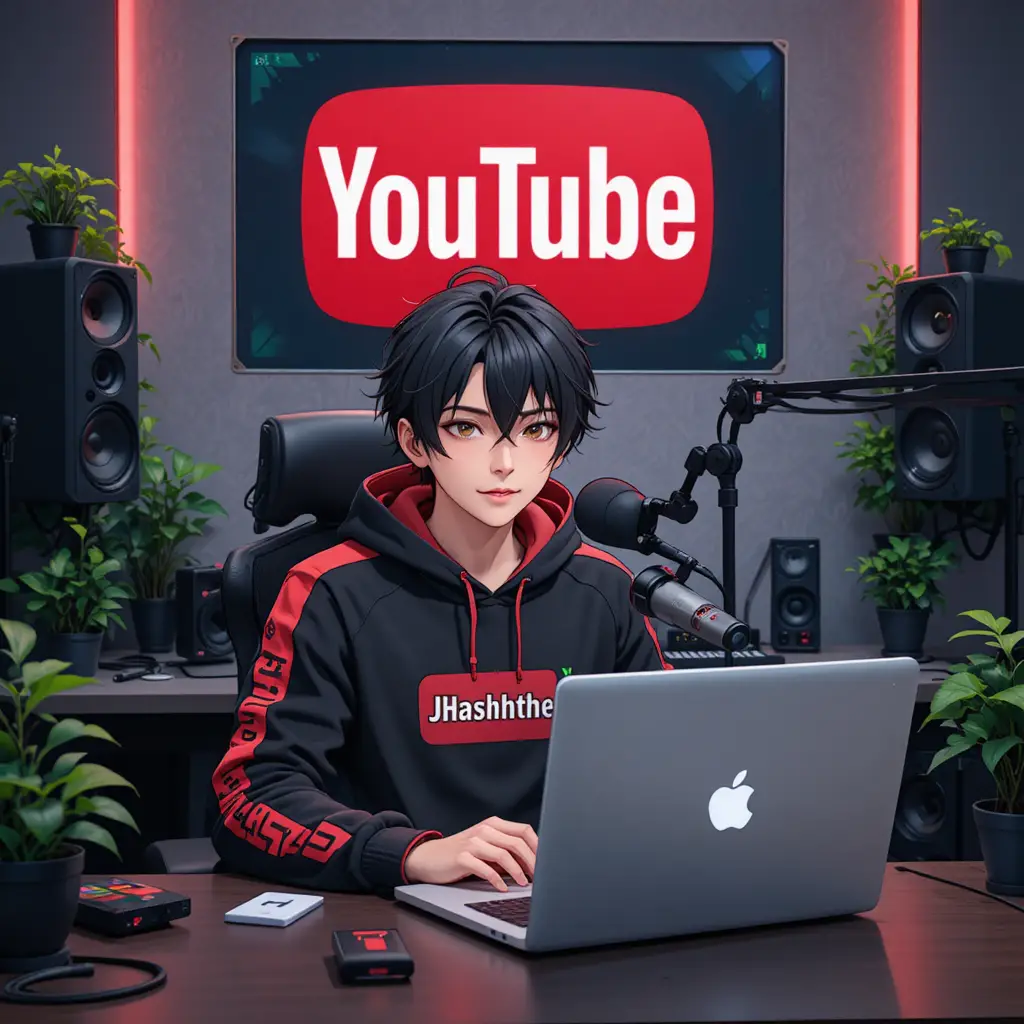 Anime-Junge als Streamer am Schreibtisch mit Mikrofon