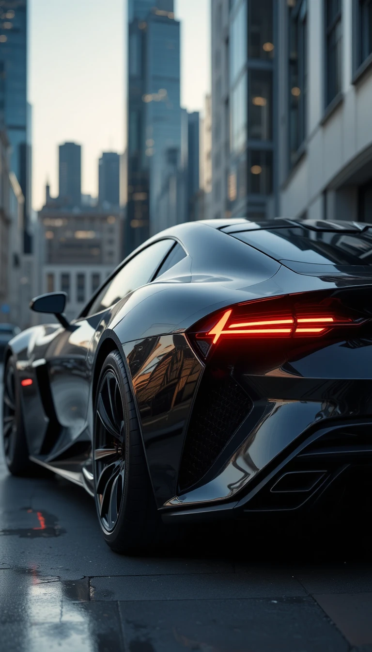 Carro preto futurista estacionado diante do horizonte luminoso de uma cidade moderna