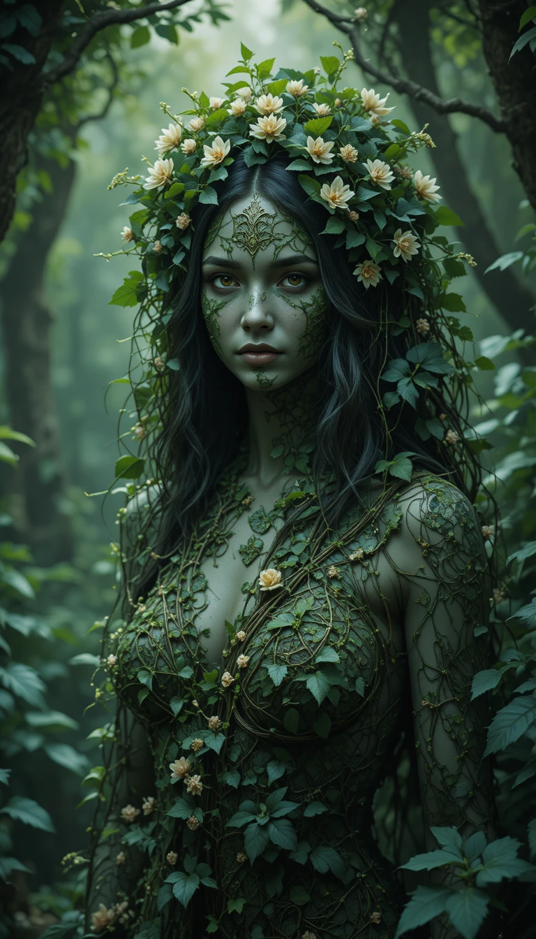 Mistica incantatrice della terra che emerge da un rigoglioso fogliame verde