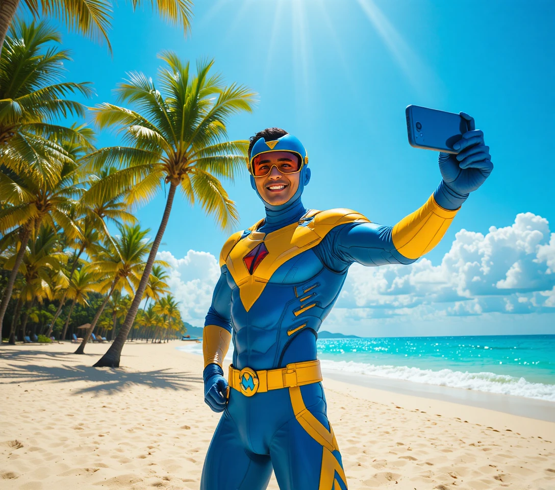 Super-herói sul-asiático tirando selfie em uma praia tropical