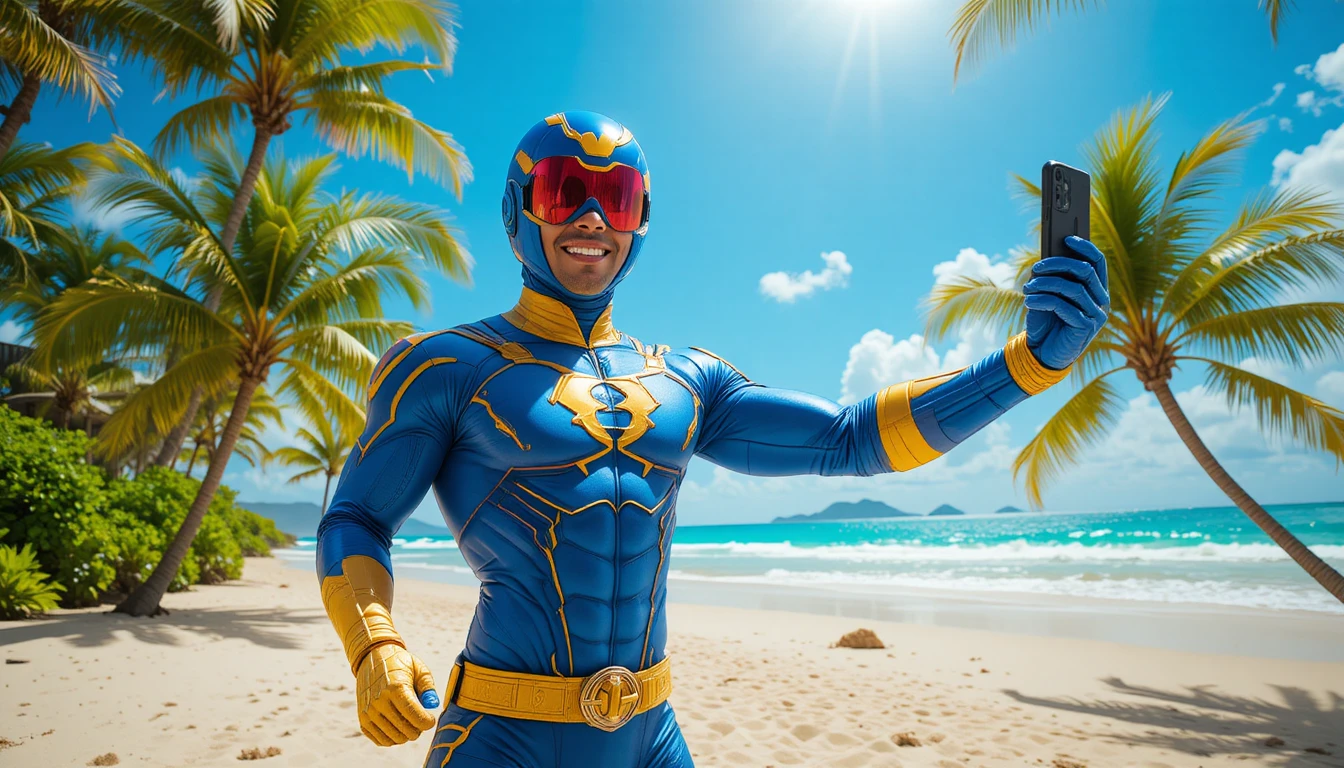 Joyful superhero taking a selfie on a sunny tropical beach