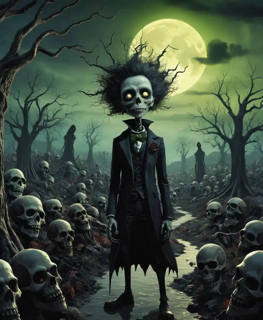 Haunting comic landscape where colorful undead roam