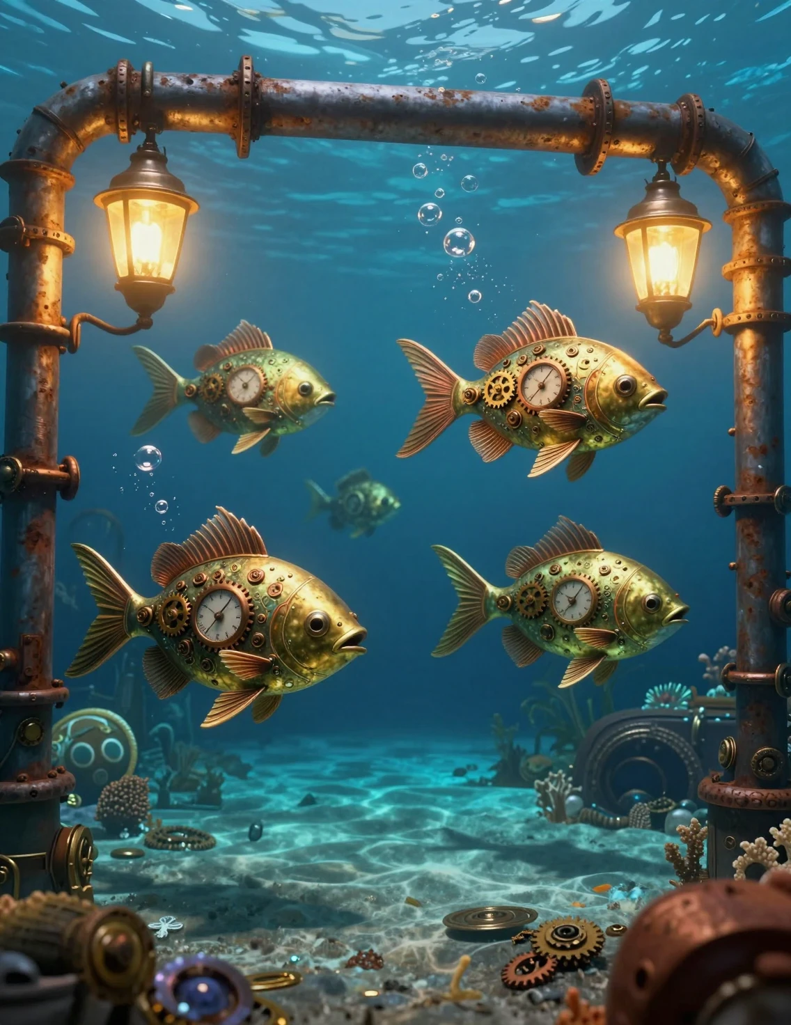 Peces mecánicos que flotan por un mundo submarino steampunk iluminado