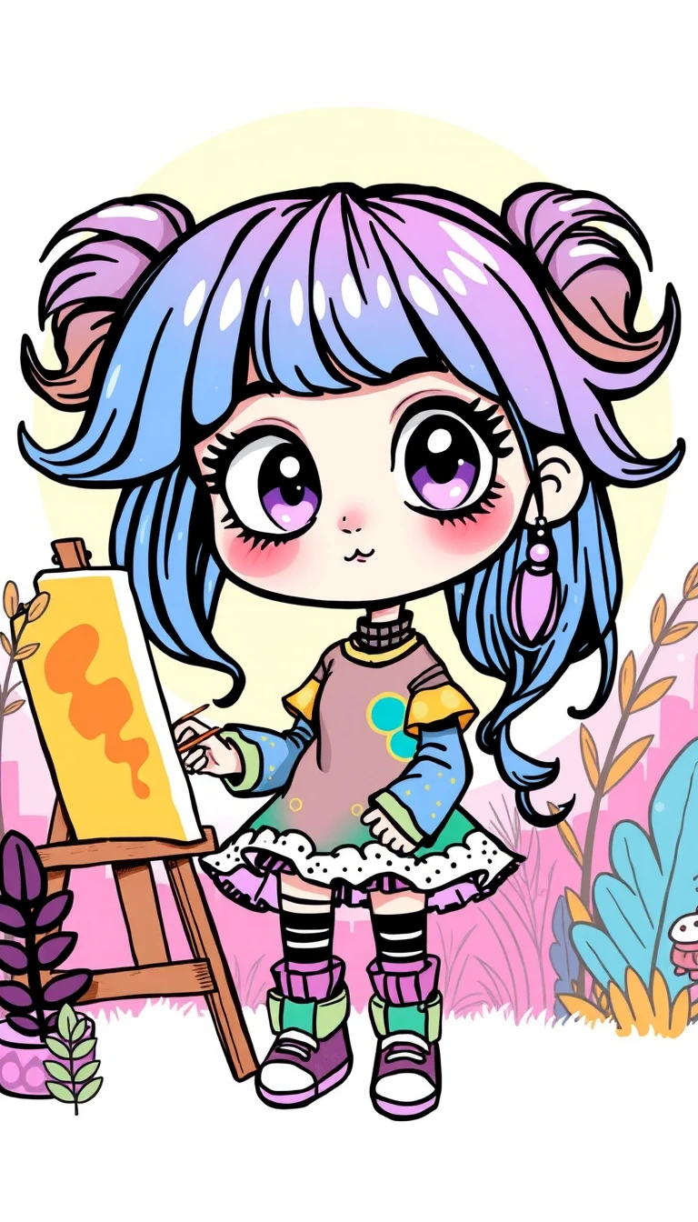 Colorful fantasy girl painting happily at her easel