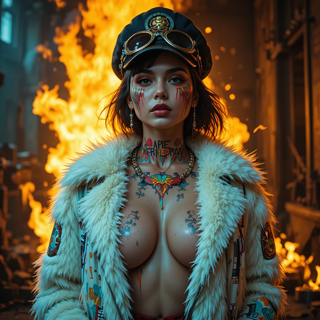 Mulher cyberpunk em chamas em um cenário industrial em chamas