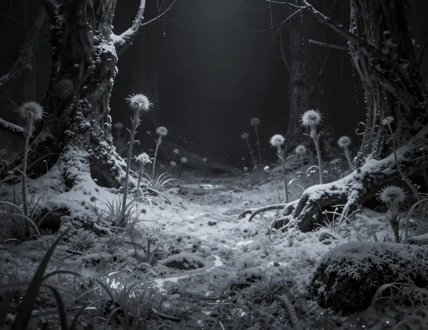 Mystical growth spreading like snow in desolate lands