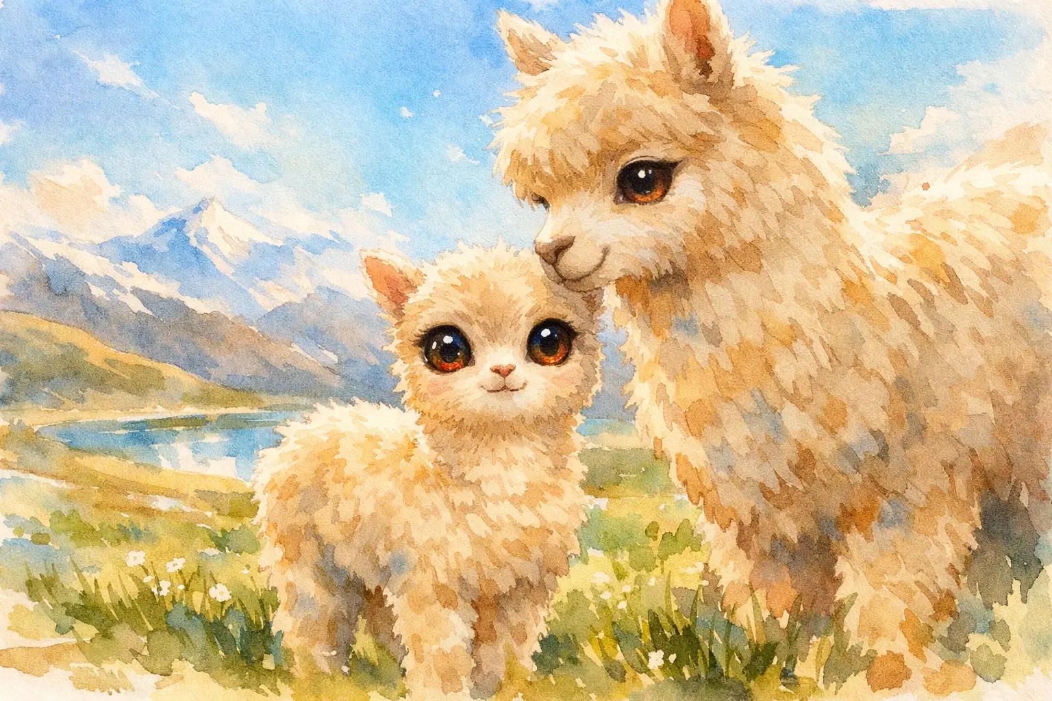 Baby-Alpaka mit Mutter auf sonniger Andenwiese