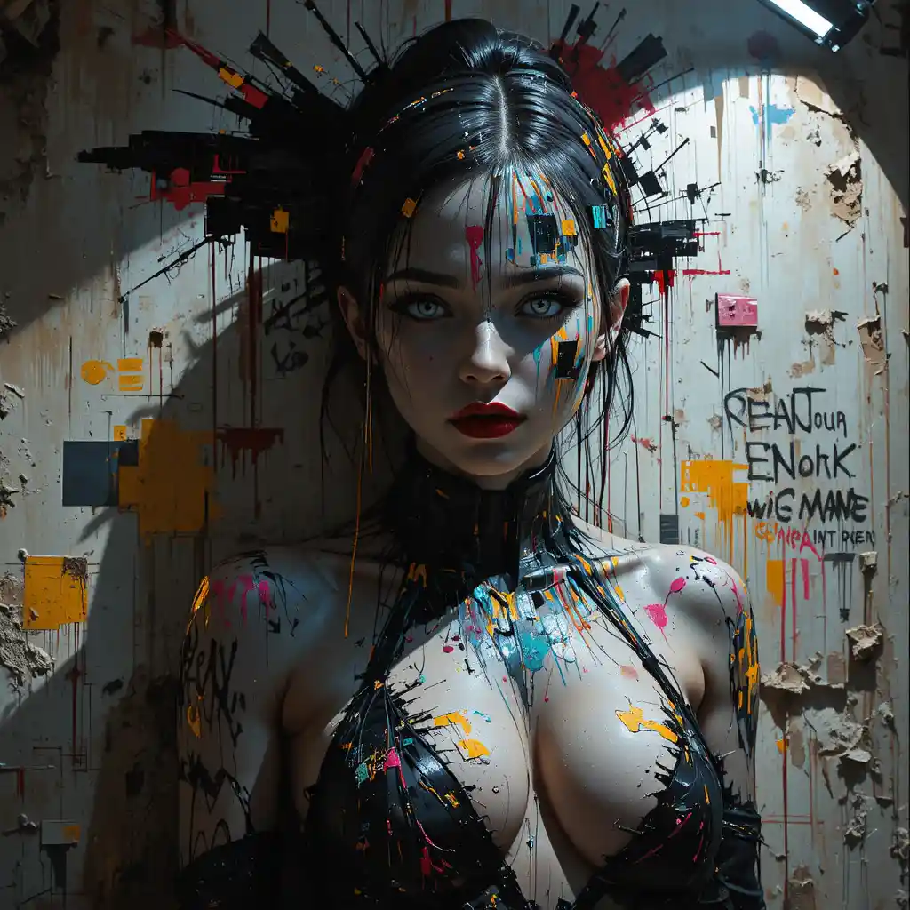 Retrato em graffiti de uma mulher cyberpunk em um muro urbano decadente