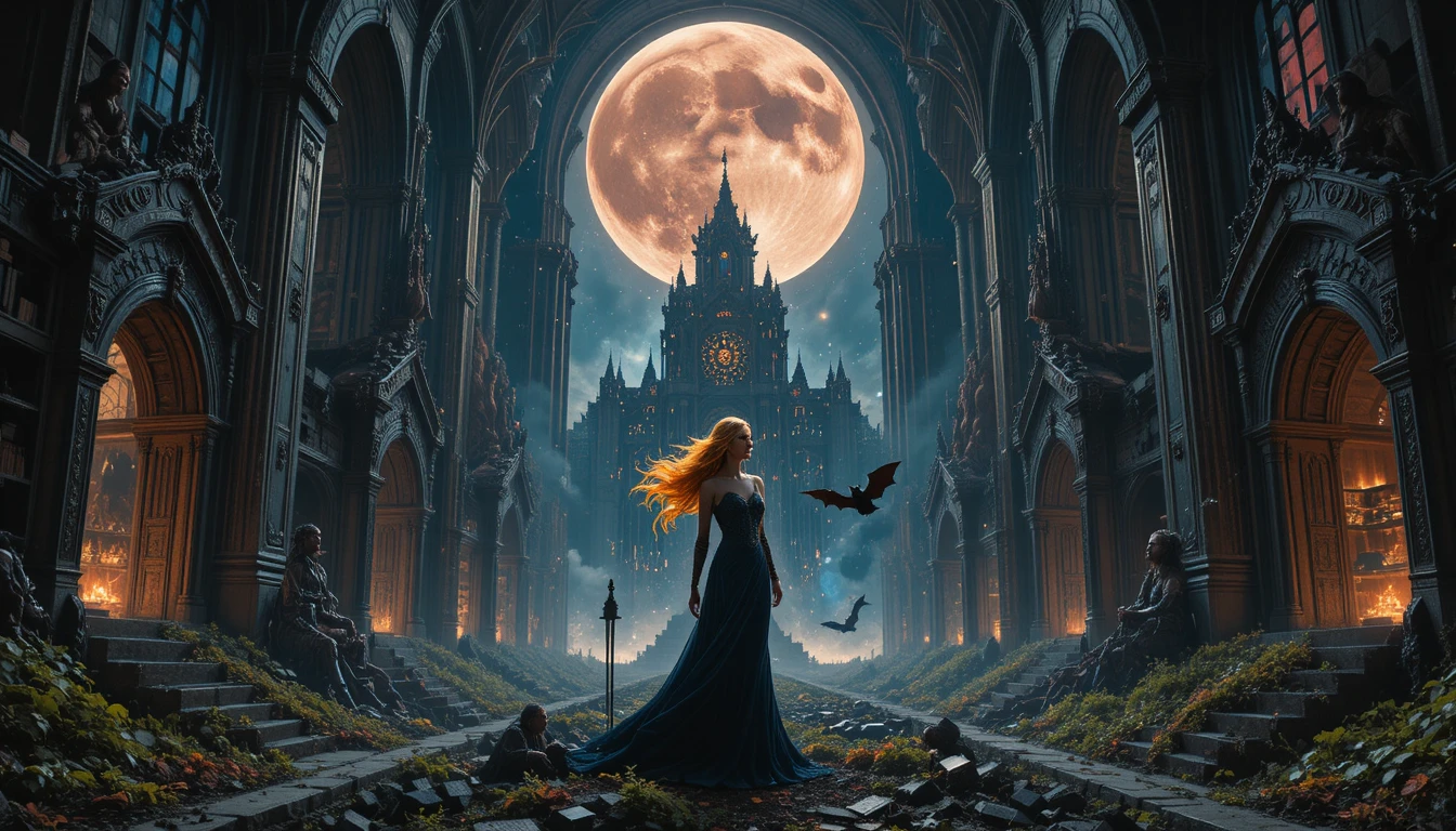 Vampirfrau in einer kosmischen Kathedrale aus Büchern und Spiegeln
