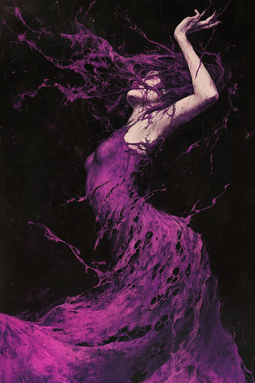 Femme glamour sur fond abstrait violet cosmique sombre