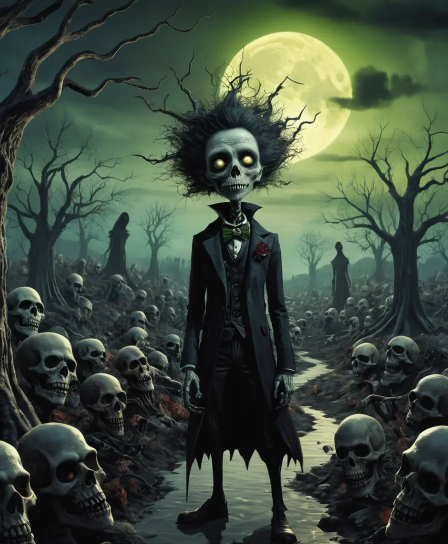 Haunting comic landscape where colorful undead roam