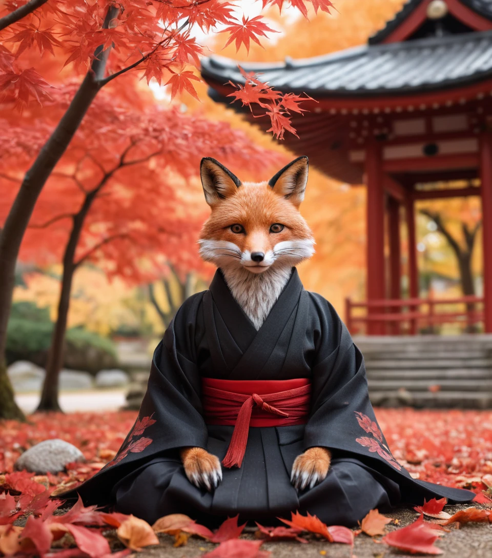 Samurai raposa descansando entre folhas de bordo vermelhas caindo