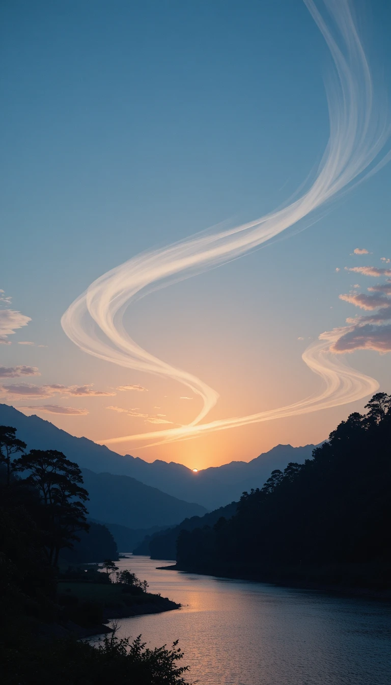 Tranquil sunset landscape over hills trees and river
