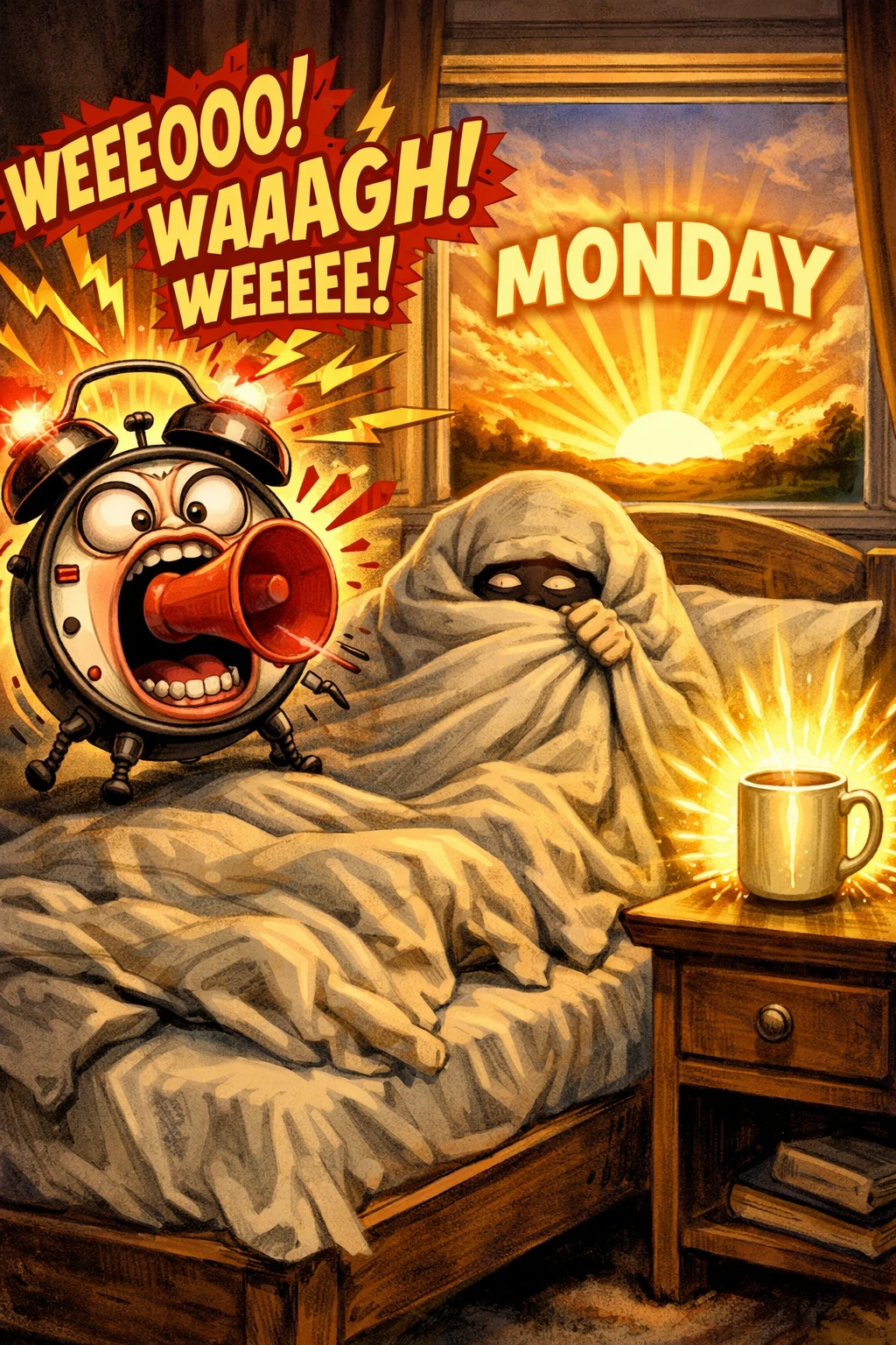 Screaming Alarm Clock Beside Blanket Monster In Bed