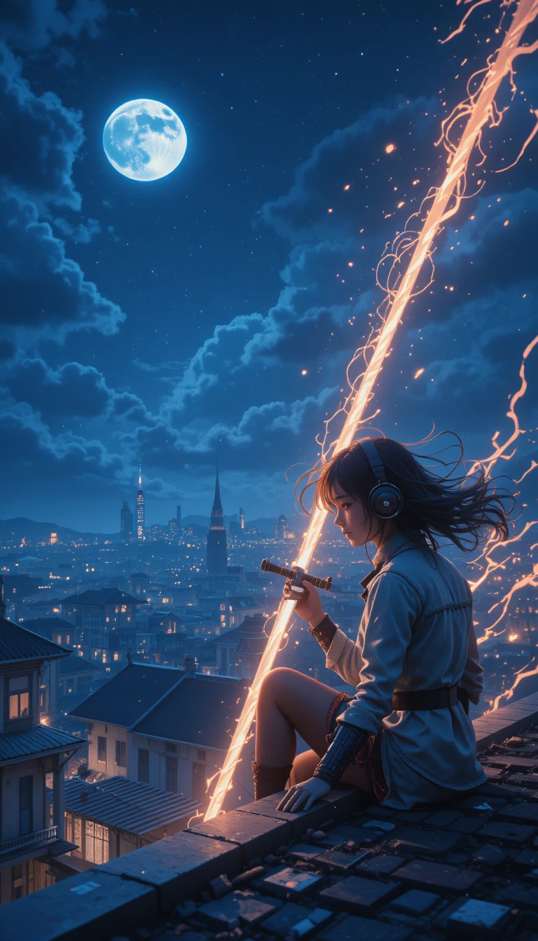 Guerrière d’anime avec épée lumineuse sur champ de bataille fantastique