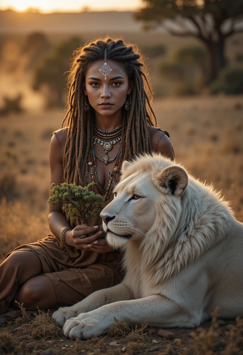 Giovane donna con leone bianco al tramonto dorato nella savana