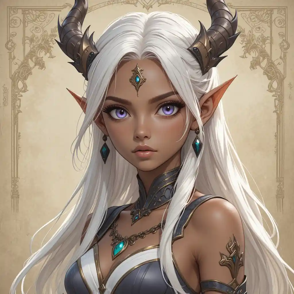 Young eliatrope girl with white hair and violet eyes