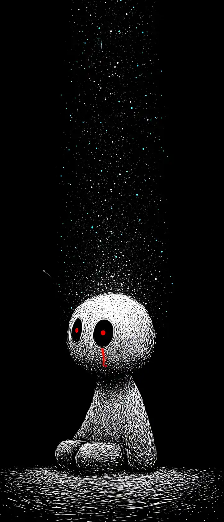 Figura anime in ginocchio in un vuoto nero infinito
