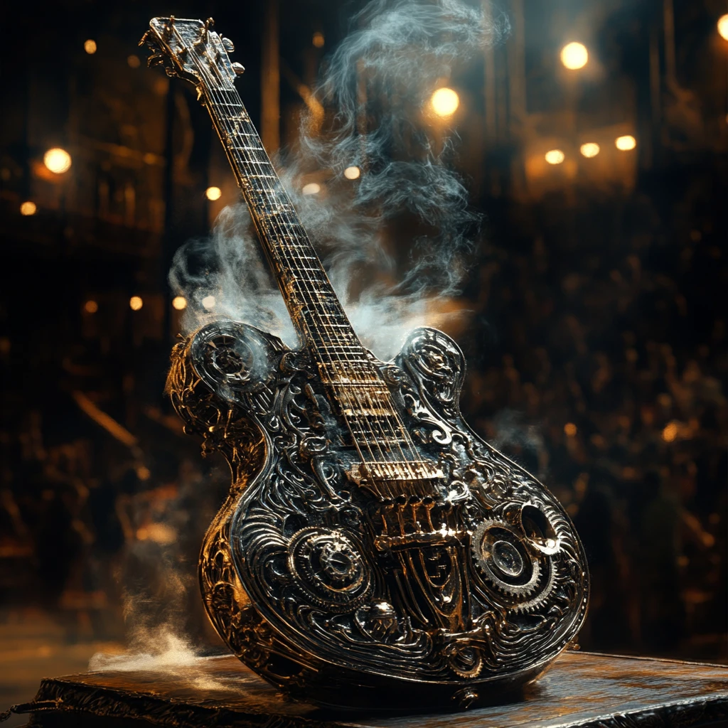Guitarra steampunk fantástica com engrenagens e neblina em espiral