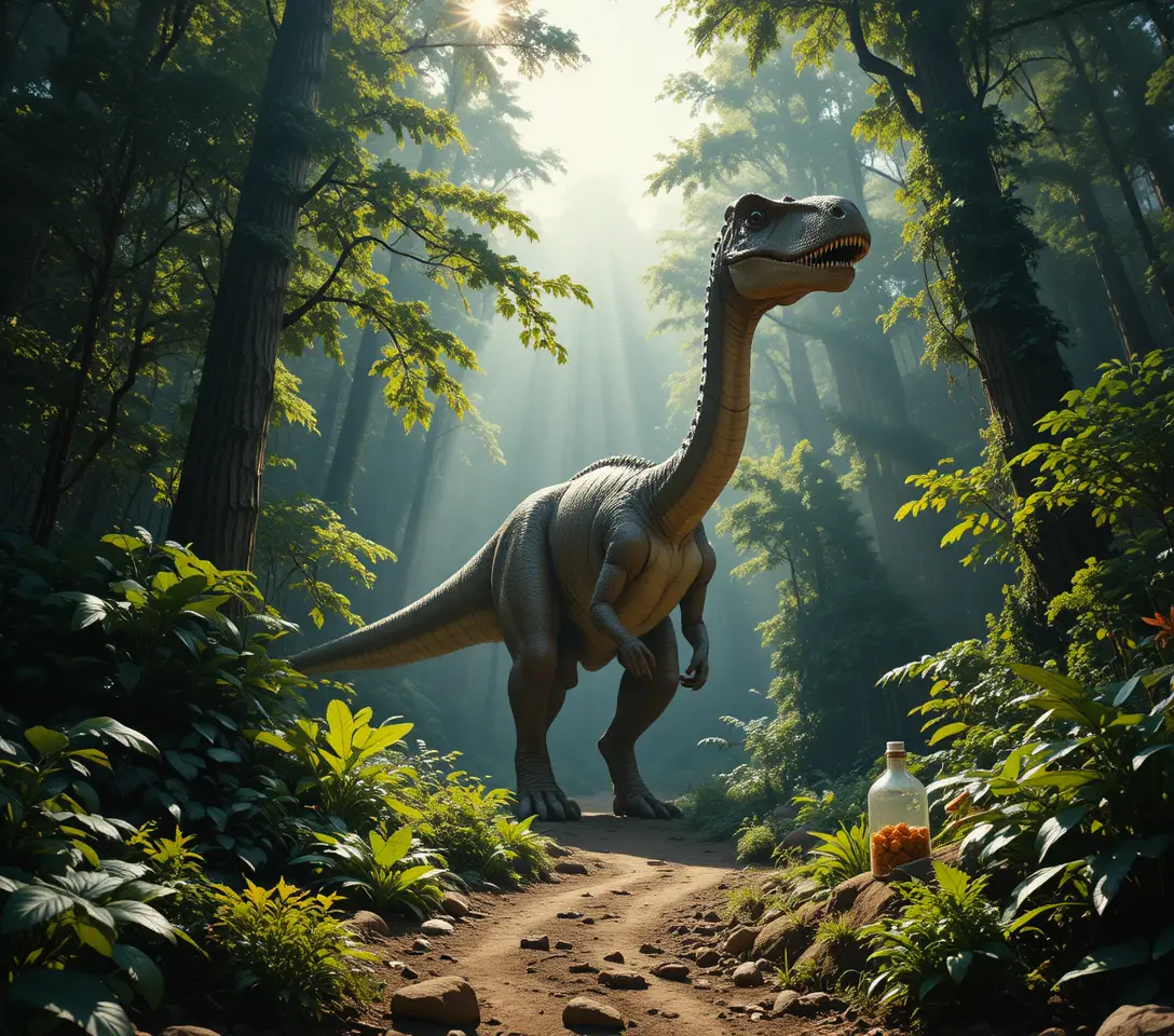Filmischer Dinosaurier wandert durch üppigen prähistorischen Wald