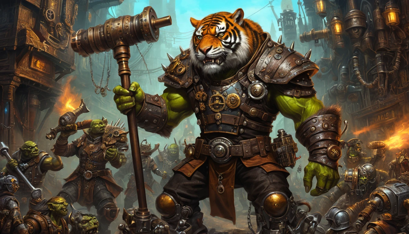 Orc war chief rallying his army in neon fantasy city
