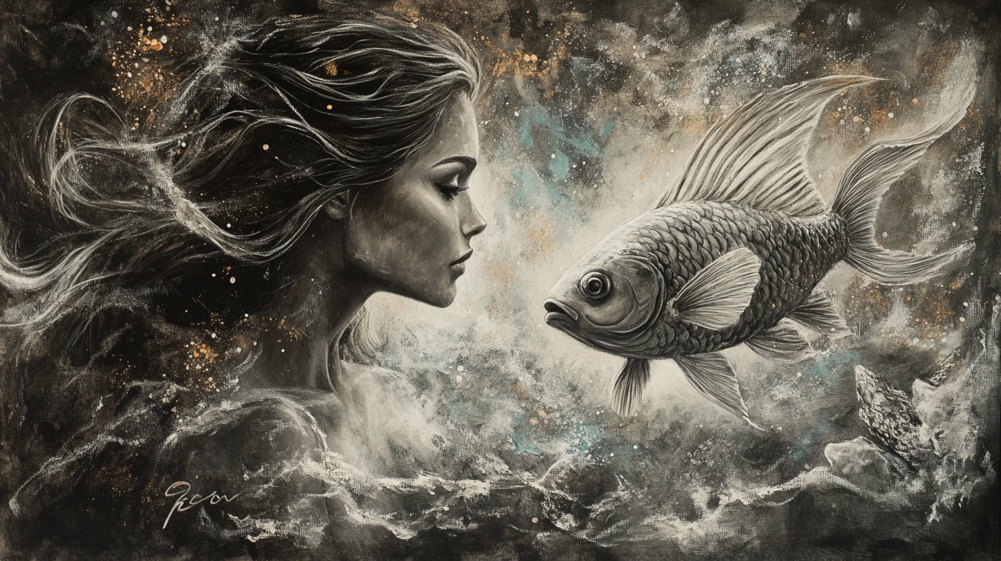 Retrato em Carvão de Sereia com Paisagem de Sonho Subaquática Brilhante