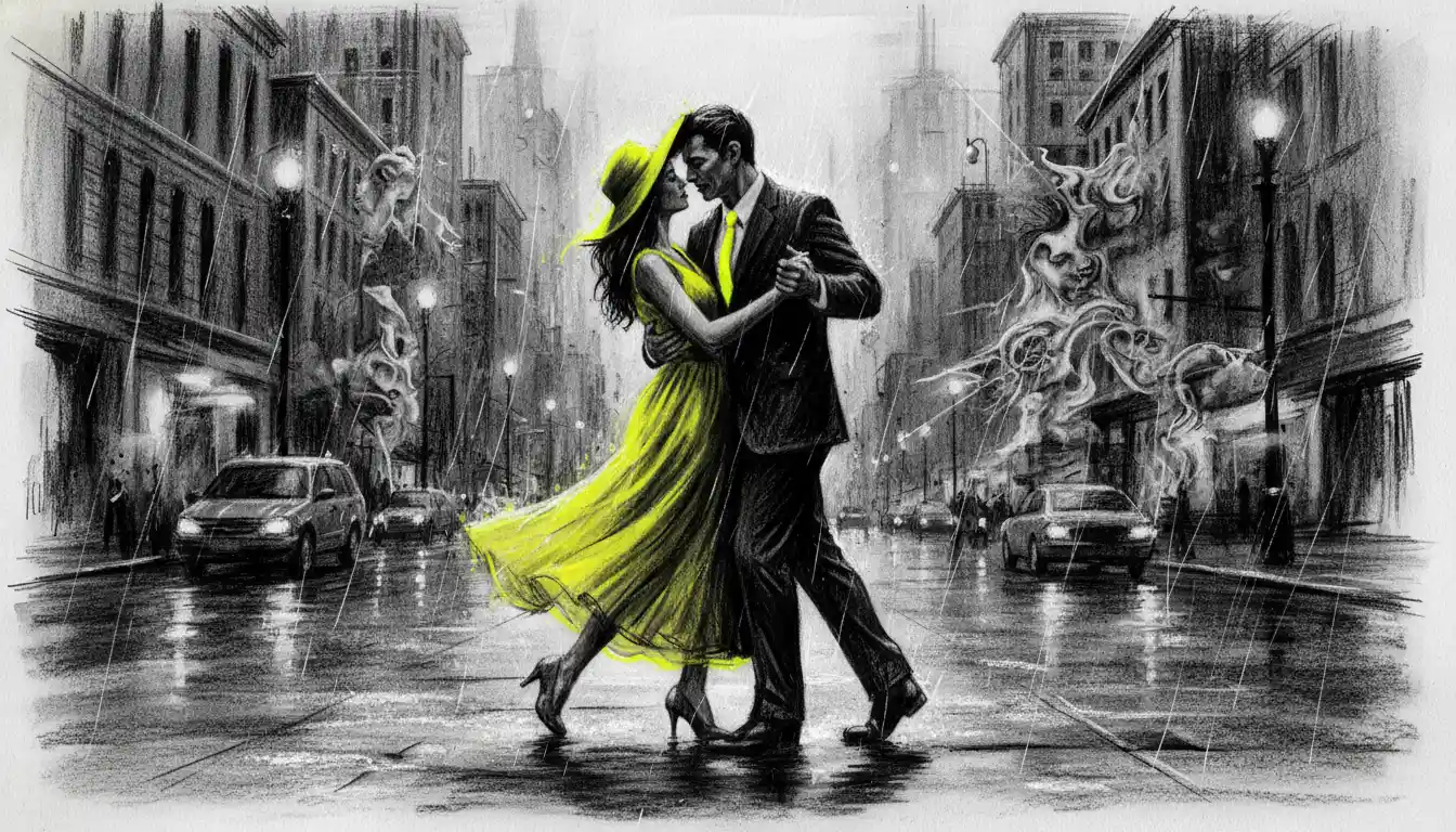 Romantic couple dancing in rain on a grayscale city street