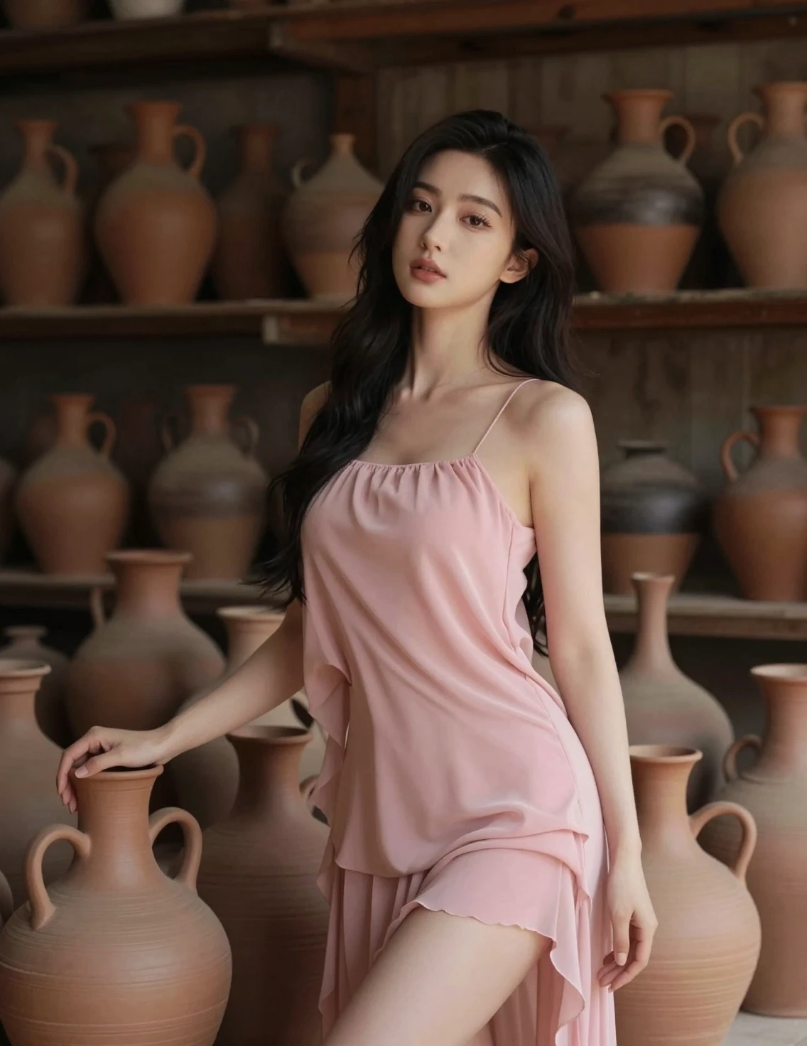 Young woman in pink among rustic pottery in warehouse