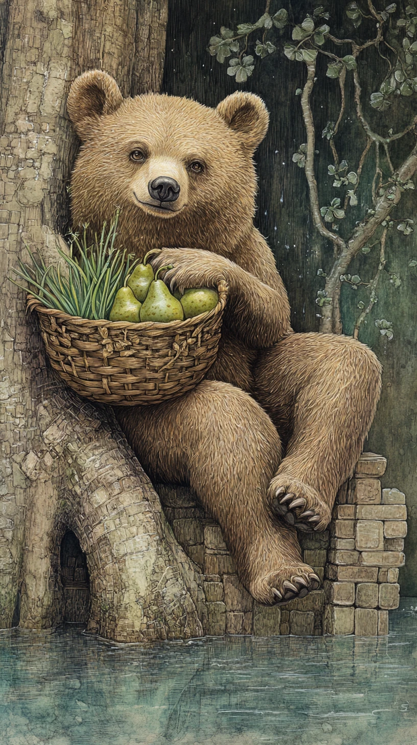 Whimsical Brown Bear Resting Beside Enchanted Tree Root Pool