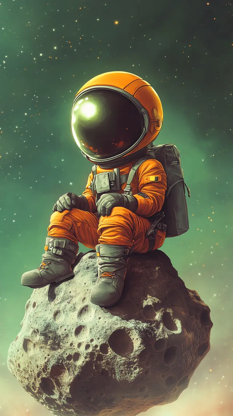 坐在小月球岩石上的可愛橘色太空人