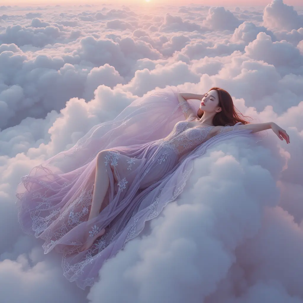 Koreanische Frau im Lavendel-Couturekleid, ruhend auf leuchtenden Wolken