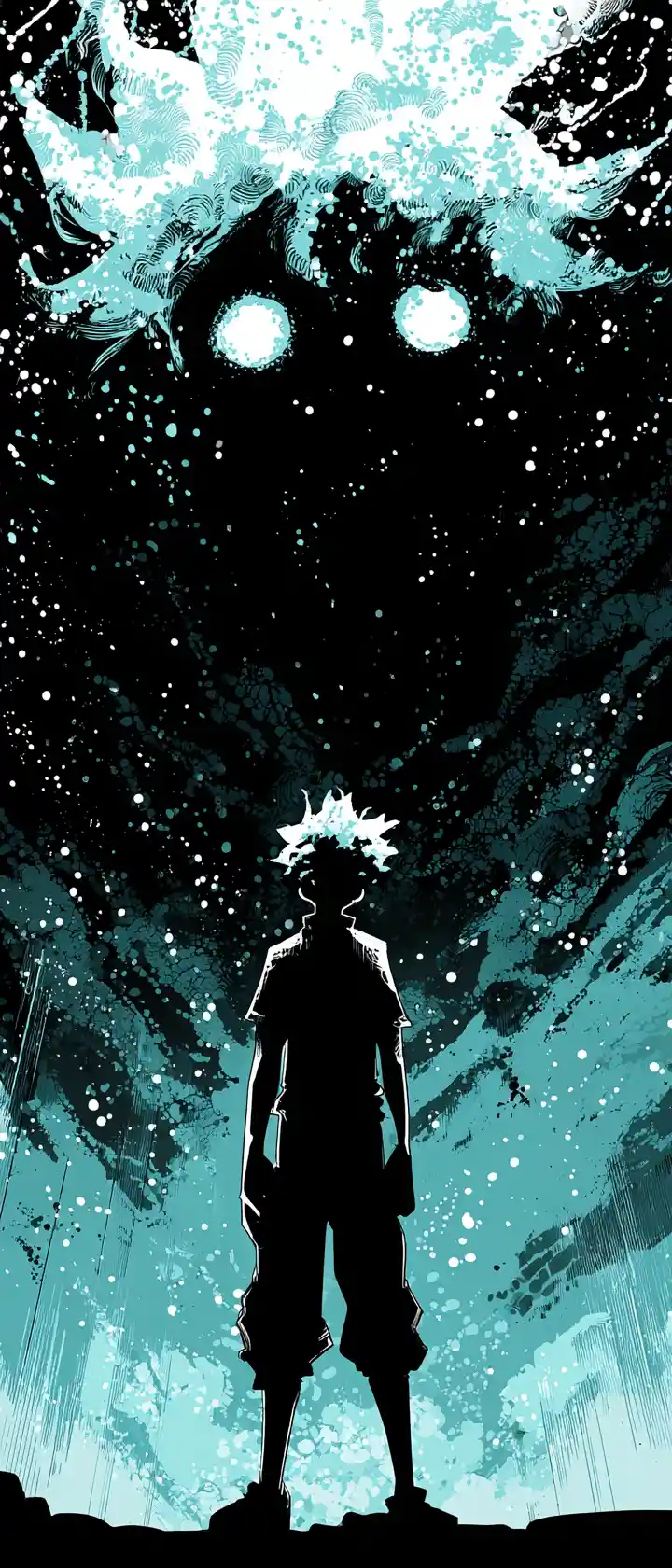 Abstract anime silhouette dissolving into glowing dots