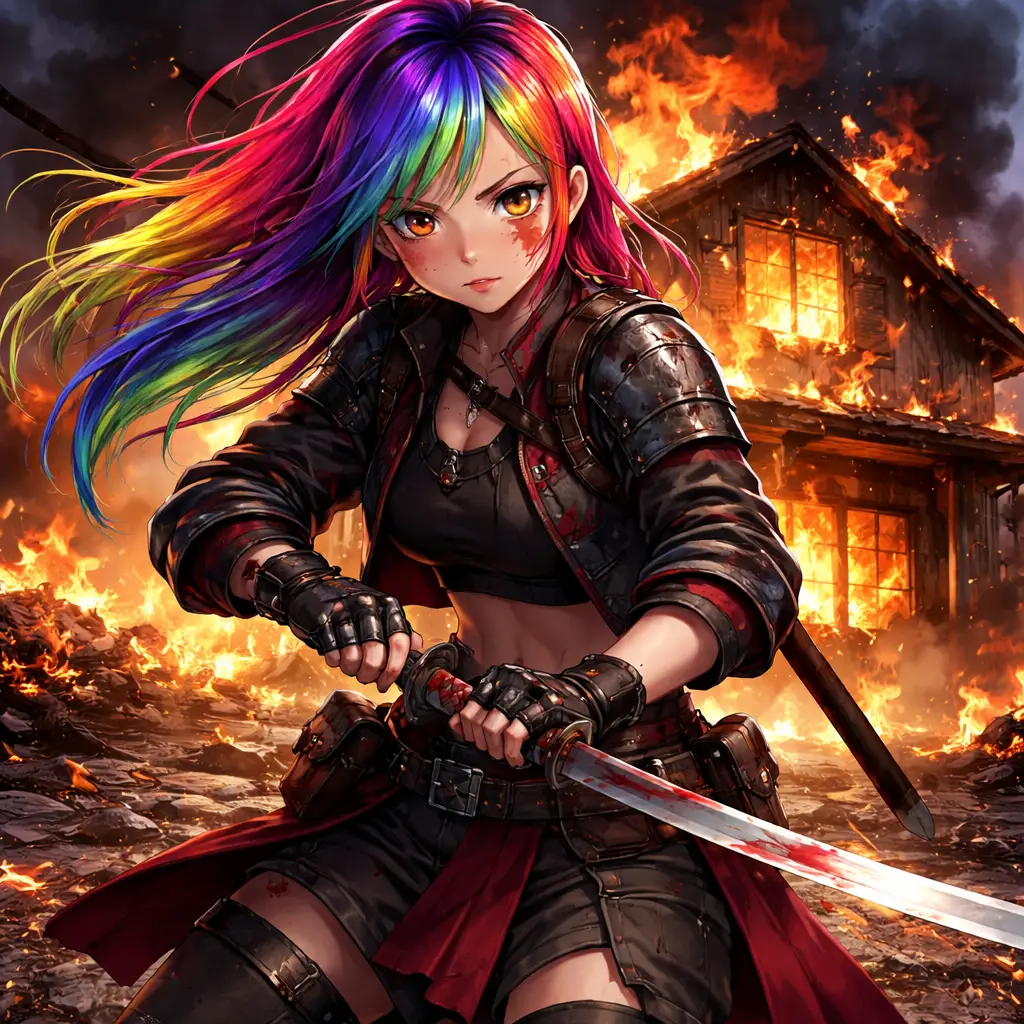 Teenage warrior girl with katana before a burning house