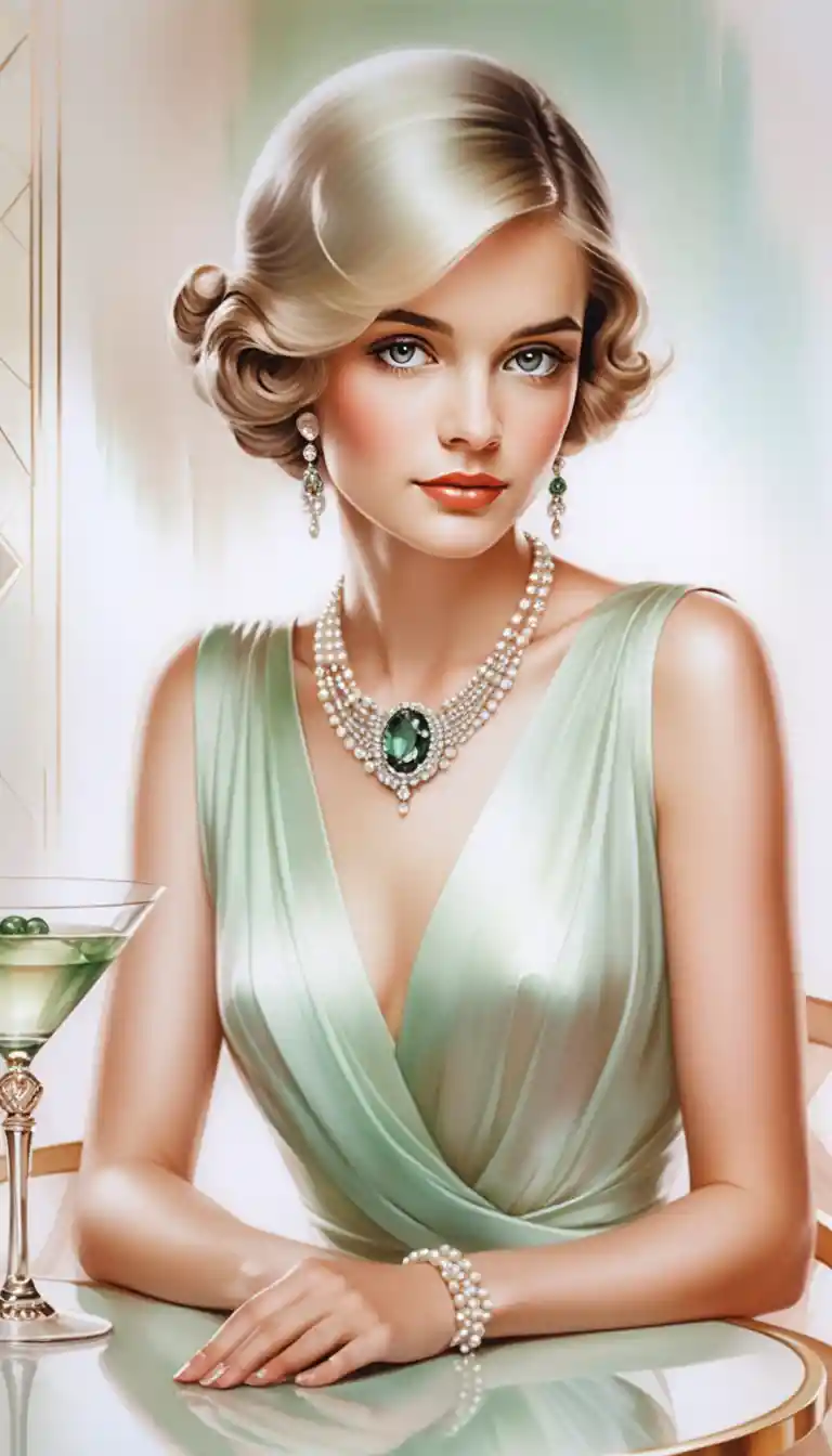 Elegant woman in art deco dress with precious gemstones
