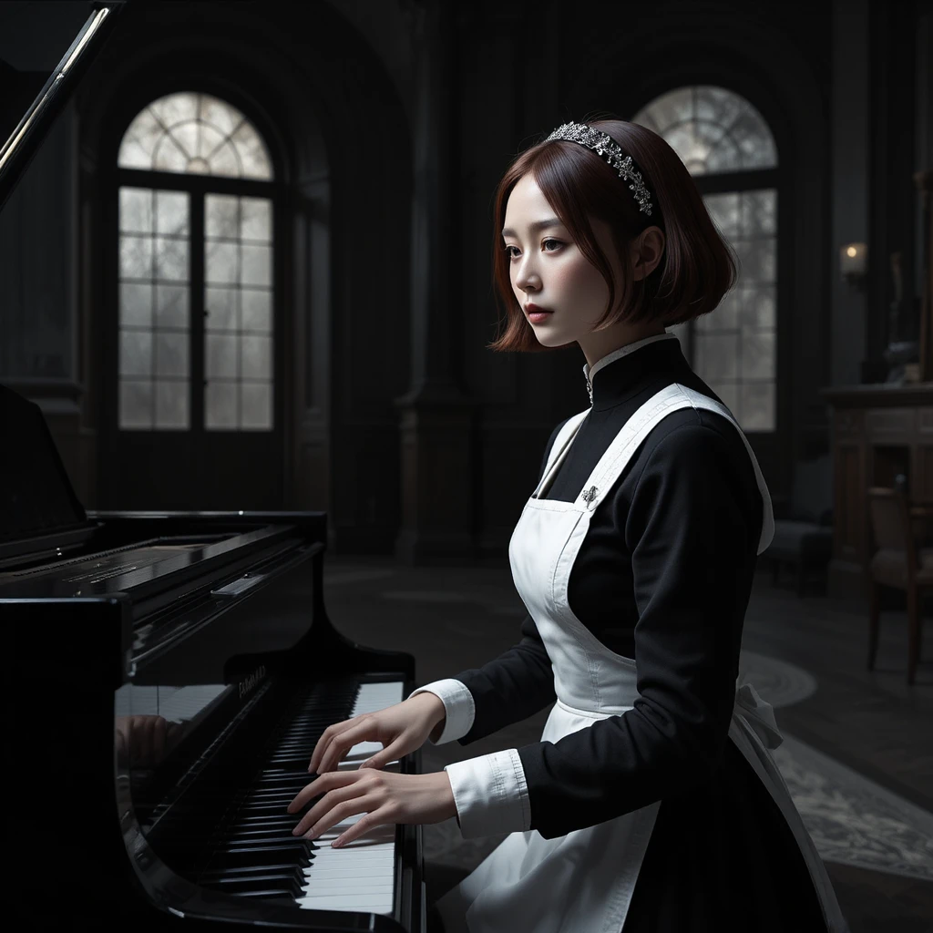 Pianista coreana stoica in sala art déco monocromatica