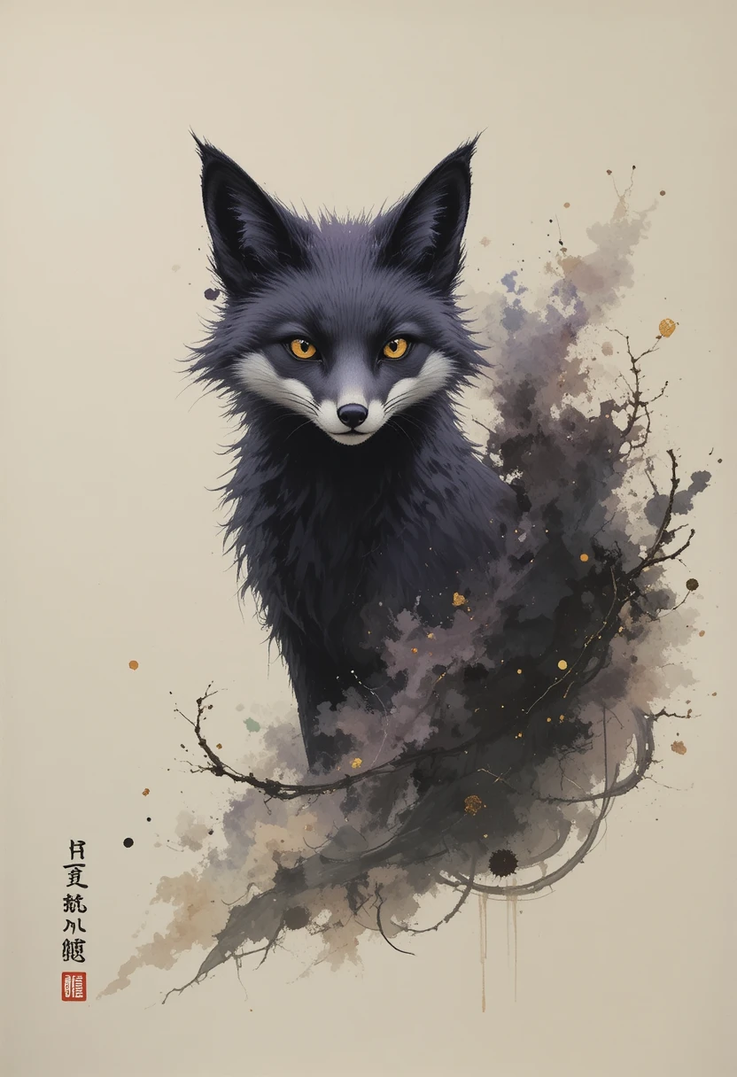 Raposa em tinta sumi-e com cauda enevoada e composição em razão áurea