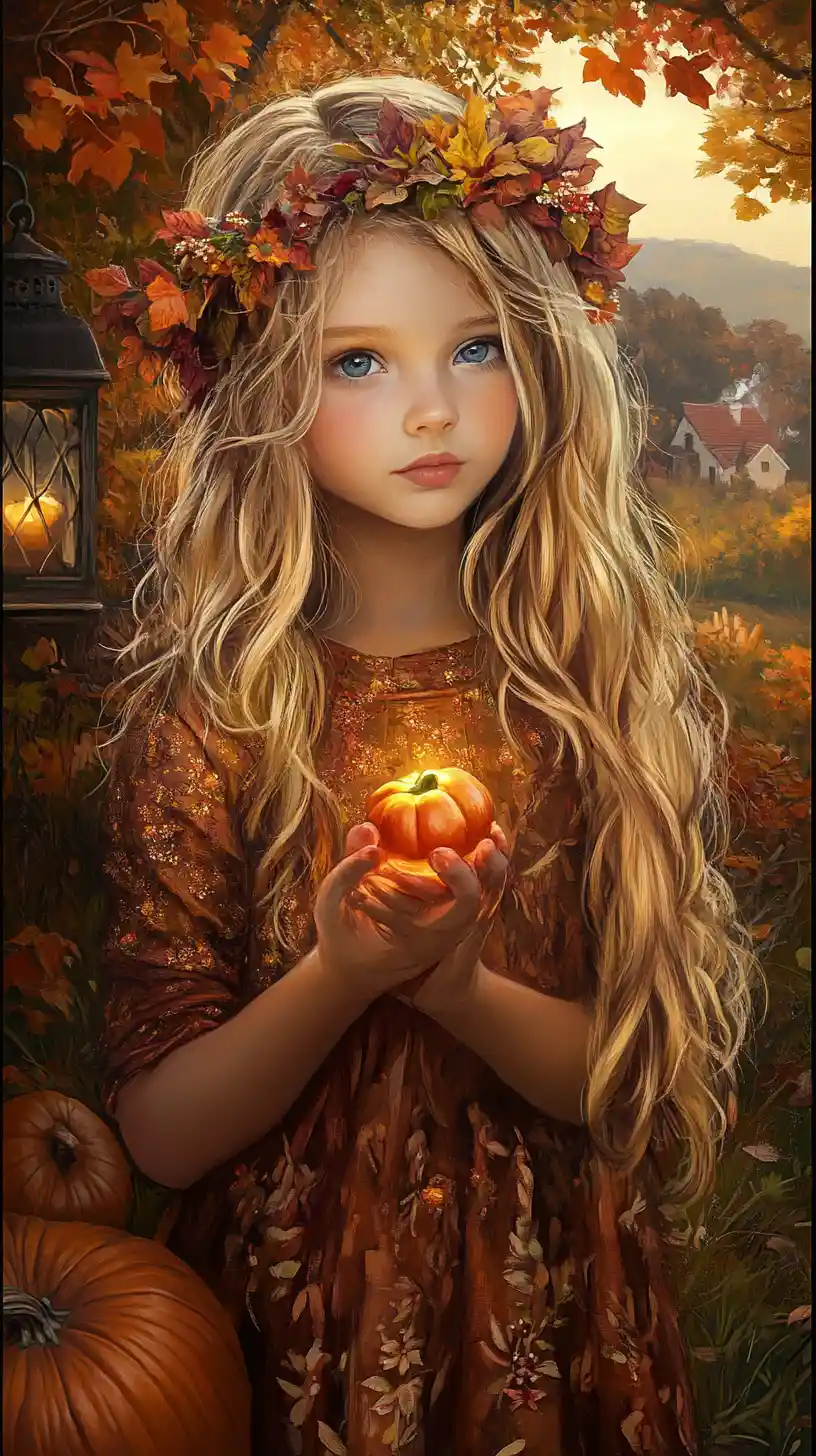 Young girl in autumn crown holding a glowing object