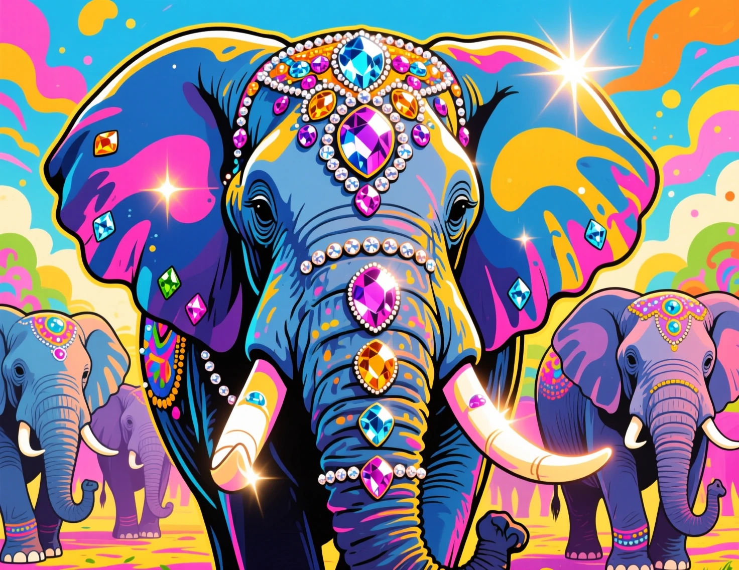 Majestosa matriarca elefante adornada com joias brilhando ao centro