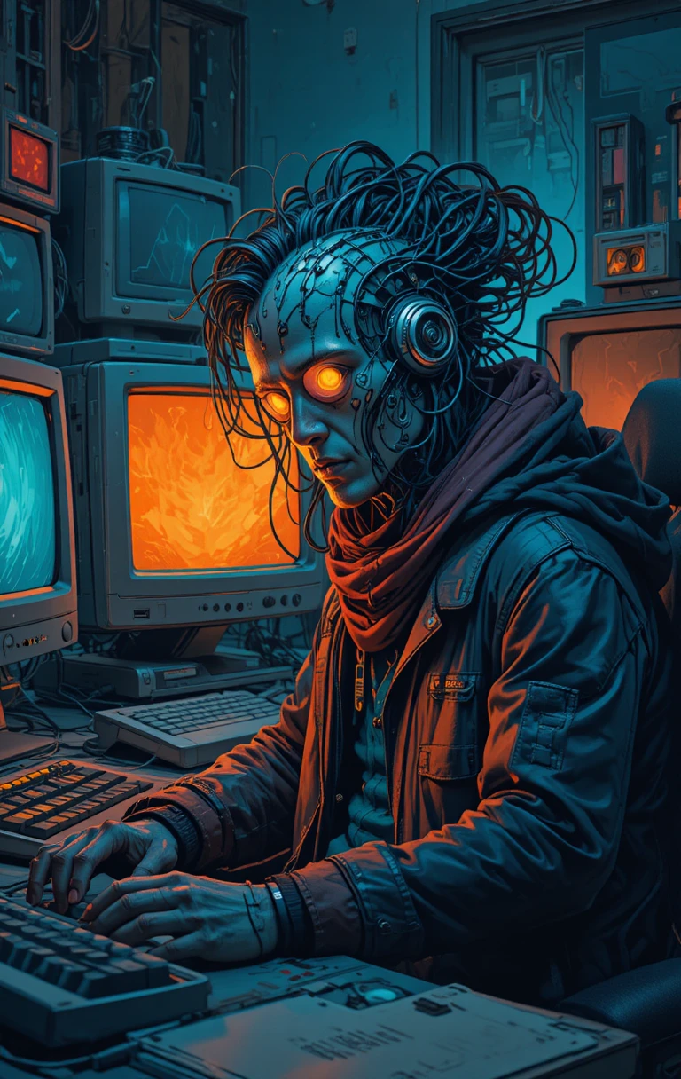 Ciborgue cyberpunk com fios relaxando em frente a um setup de computador brilhante