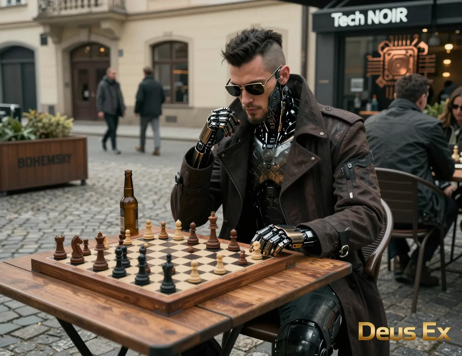 Erweiterter Detektiv spielt Schach in einem Cyberpunk-Stadtcafé