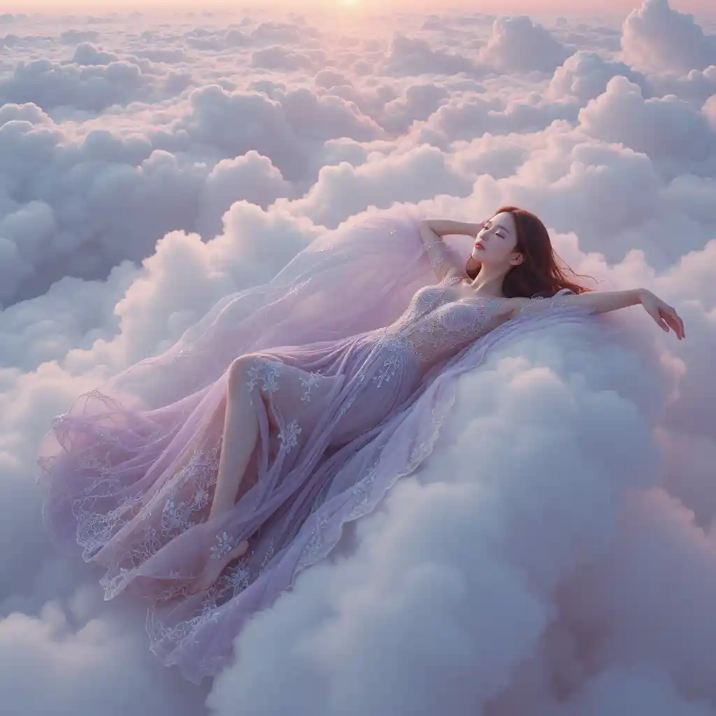 Mujer coreana con vestido de alta costura lavanda descansando sobre nubes resplandecientes
