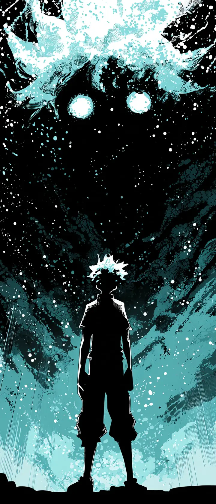 Abstrakte Anime-Silhouette, die sich in leuchtende Punkte auflöst