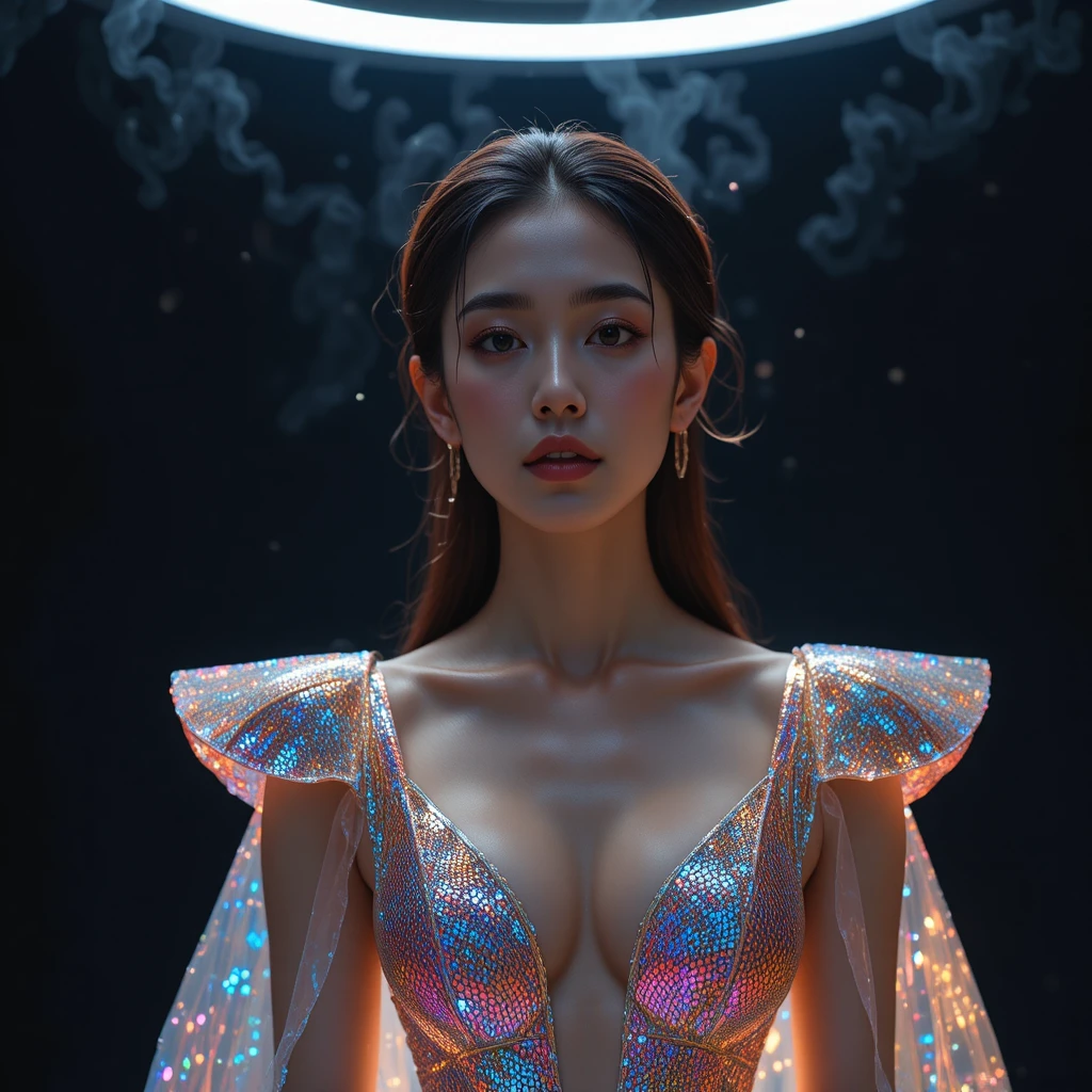 Mannequin de mode coréenne en robe de graphène avec cape lumineuse