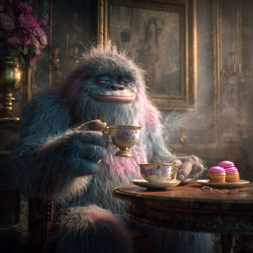 Yeti fantasioso tomando chá em um quarto vitoriano vintage