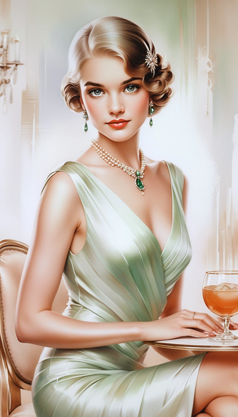 Elegant woman in art deco dress with precious gemstones