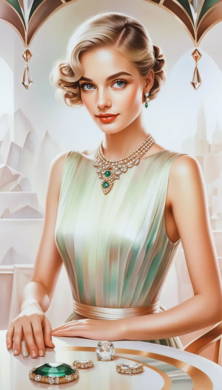 Elegant woman in art deco dress at cocktail table with gems